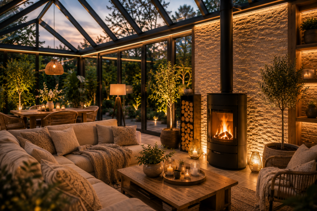 Moderner Wintergarten mit schwarzem Kaminofen, indirekter Beleuchtung, Kerzenlicht und ruhigem Lounge-Bereich in warmer Abendatmosphäre