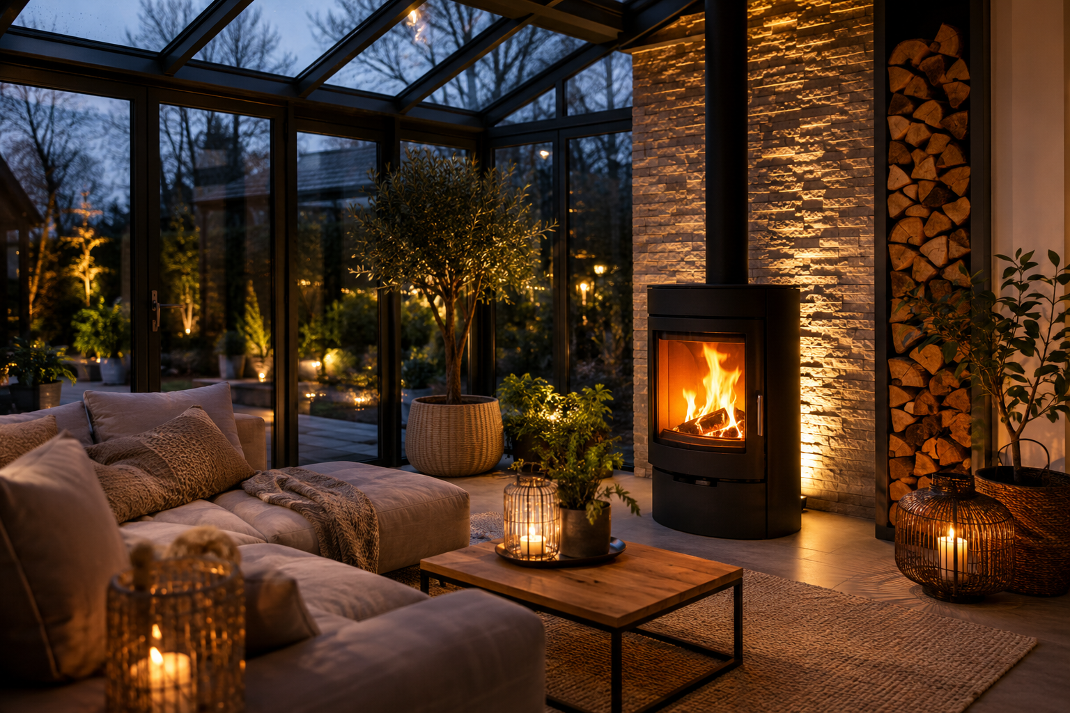 Moderner Wintergarten mit schwarzem Kaminofen, Natursteinwand, indirekter Beleuchtung und gemütlichem Lounge-Bereich in ruhiger Abendatmosphäre