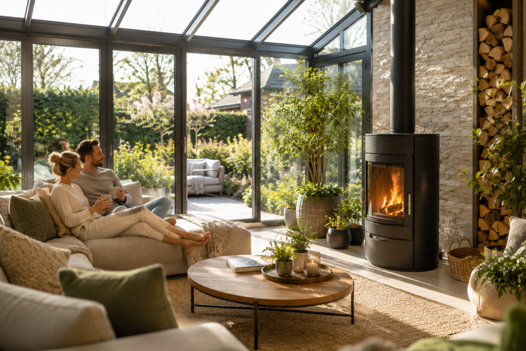 Heller moderner Wintergarten mit schwarzem Kaminofen, Natursteinwand, Pflanzen und entspanntem Paar im gemütlichen Lounge-Bereich bei Tageslicht