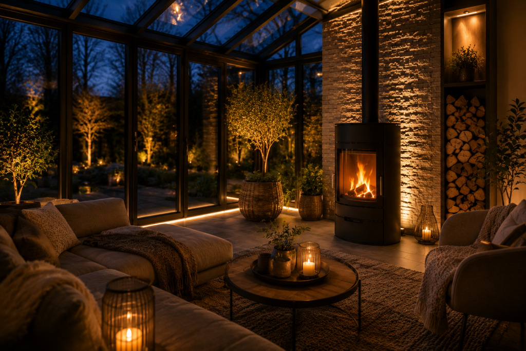 Moderner Wintergarten mit schwarzem Kaminofen, indirekter LED-Beleuchtung, beleuchteten Pflanzen und gemütlicher Lounge-Atmosphäre am Abend