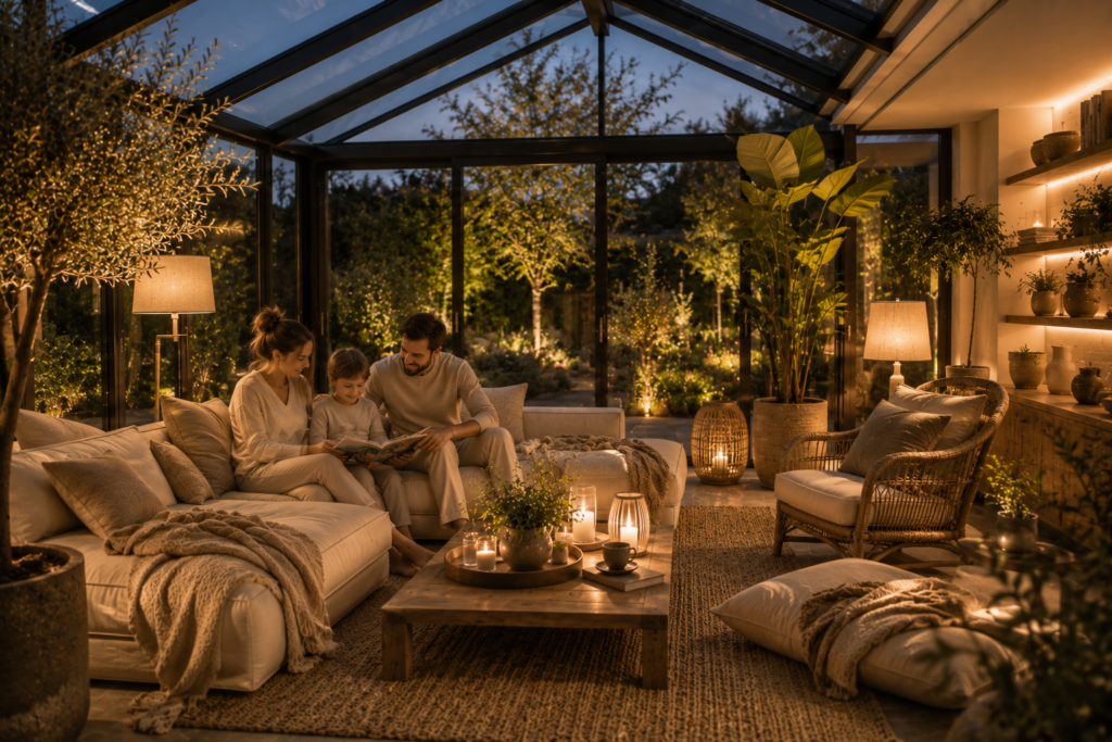 Moderner Wintergarten mit indirekter Beleuchtung, natürlichen Möbeln und entspannter Familie in gemütlicher Abendatmosphäre