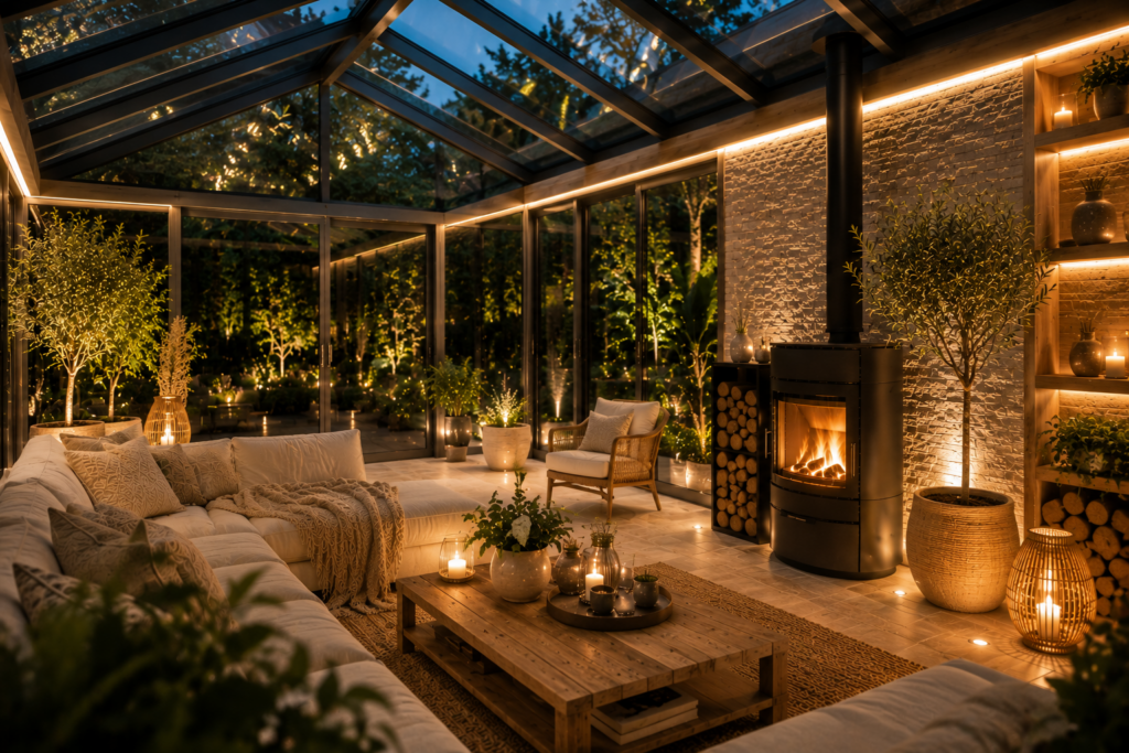 Moderner Wintergarten mit indirekter Beleuchtung, schwarzem Kaminofen, warmen Lichtquellen und ruhiger Wellness-Atmosphäre am Abend