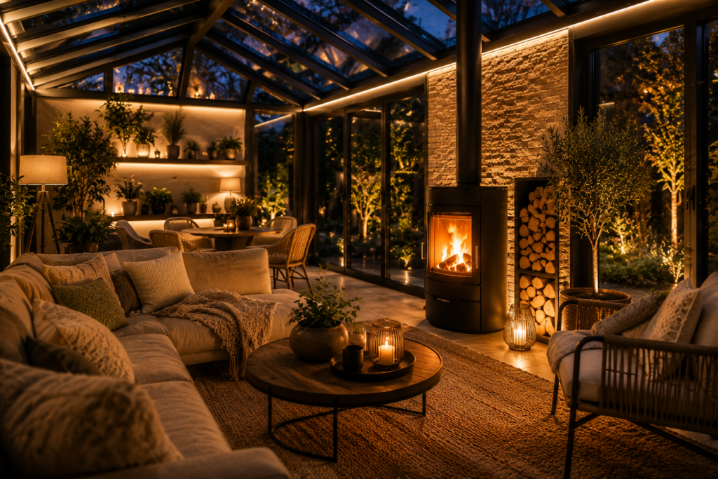 Moderner Wintergarten mit warmem indirektem Licht, schwarzem Kaminofen, Pflanzen und gemütlicher Wohnatmosphäre am Abend