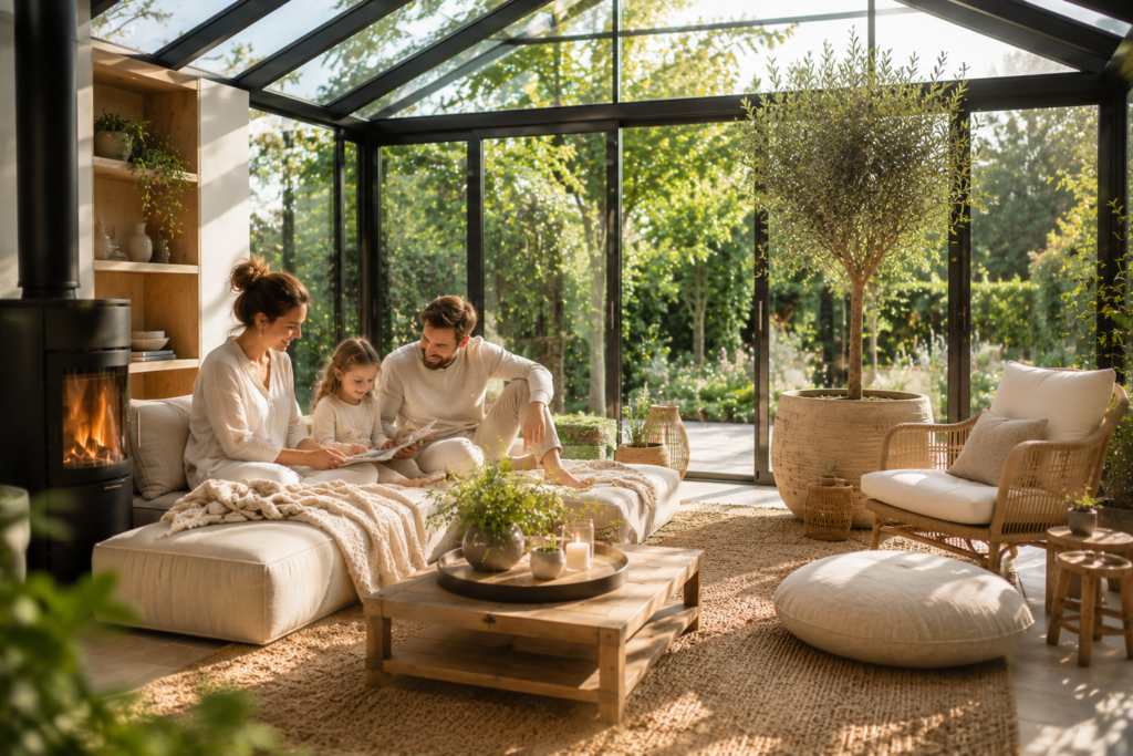 Heller moderner Wintergarten mit Lounge-Sesseln, modularen Sofas, natürlichen Materialien und entspannter Familie in wohnlicher Tageslichtatmosphä