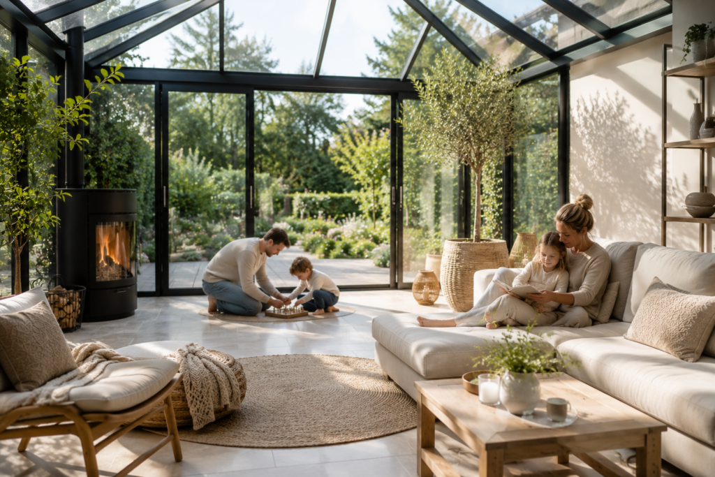 Heller moderner Wintergarten mit offener Raumgestaltung, gemütlicher Familie, Kaminofen und natürlicher Wohlfühlatmosphäre bei Tageslicht