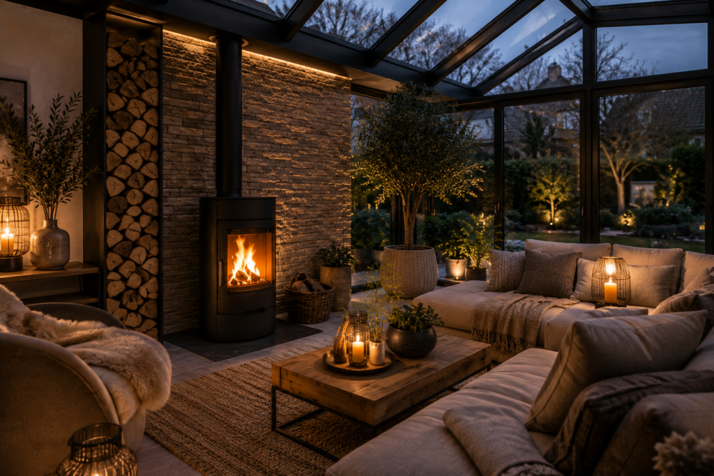 Moderner Wintergarten mit schwarzem Kaminofen, Natursteinwand, Holzlagerung, warmen Textilien und gemütlichem Lounge-Bereich am Abend
