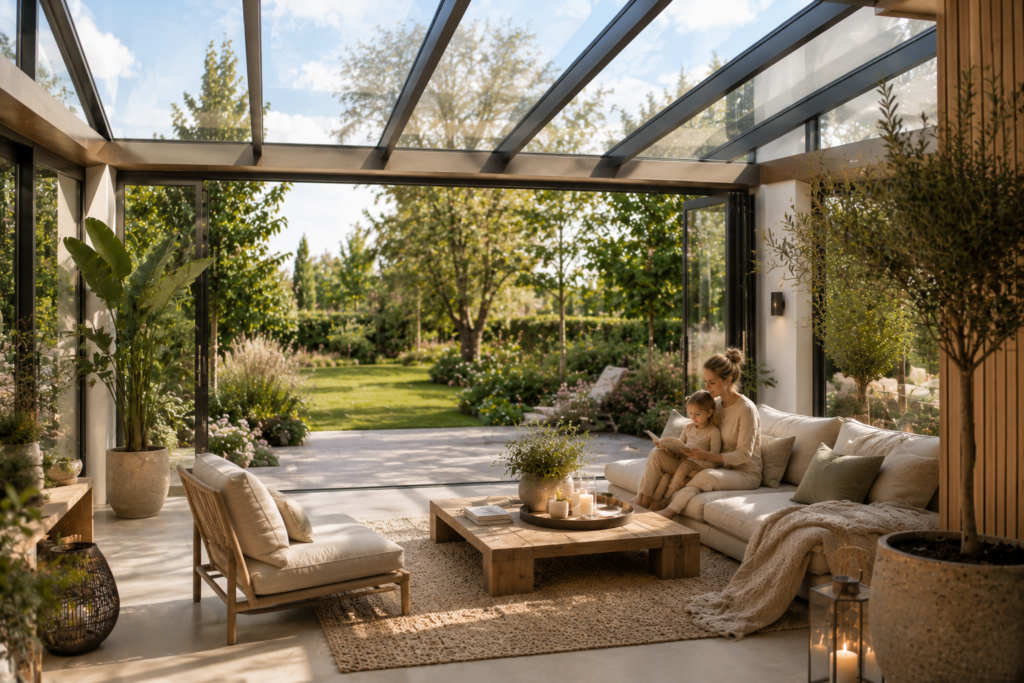 Heller moderner Wintergarten mit weitem Gartenblick, natürlichen Materialien, Pflanzen und gemütlicher Familienatmosphäre bei Tageslicht