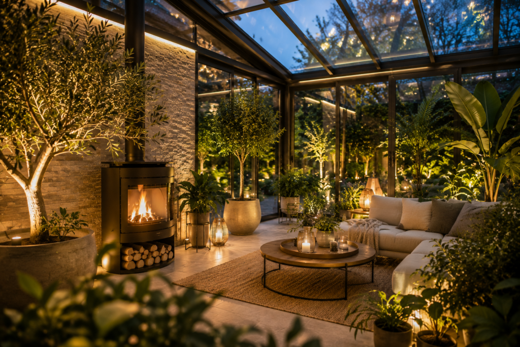 Moderner Wintergarten mit beleuchteten Olivenbäumen, indirekter Beleuchtung, Kaminofen und gemütlicher Spa-Atmosphäre am Abend
