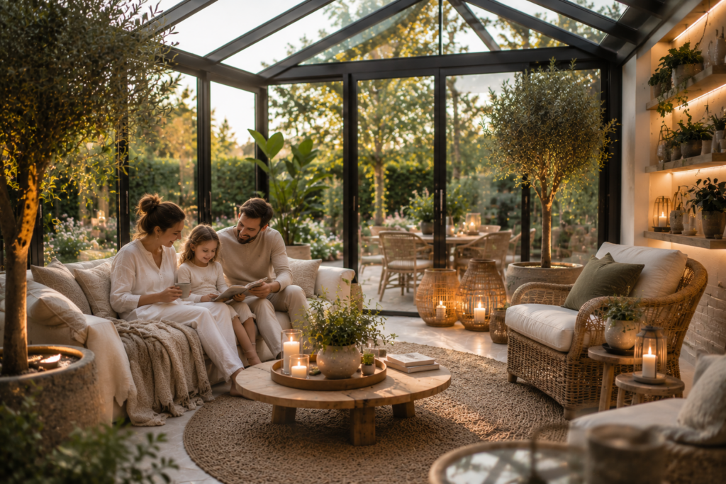 Heller moderner Wintergarten mit Olivenbäumen, Rattanmöbeln, natürlichen Stoffen und entspannter Familienatmosphäre bei Tageslicht