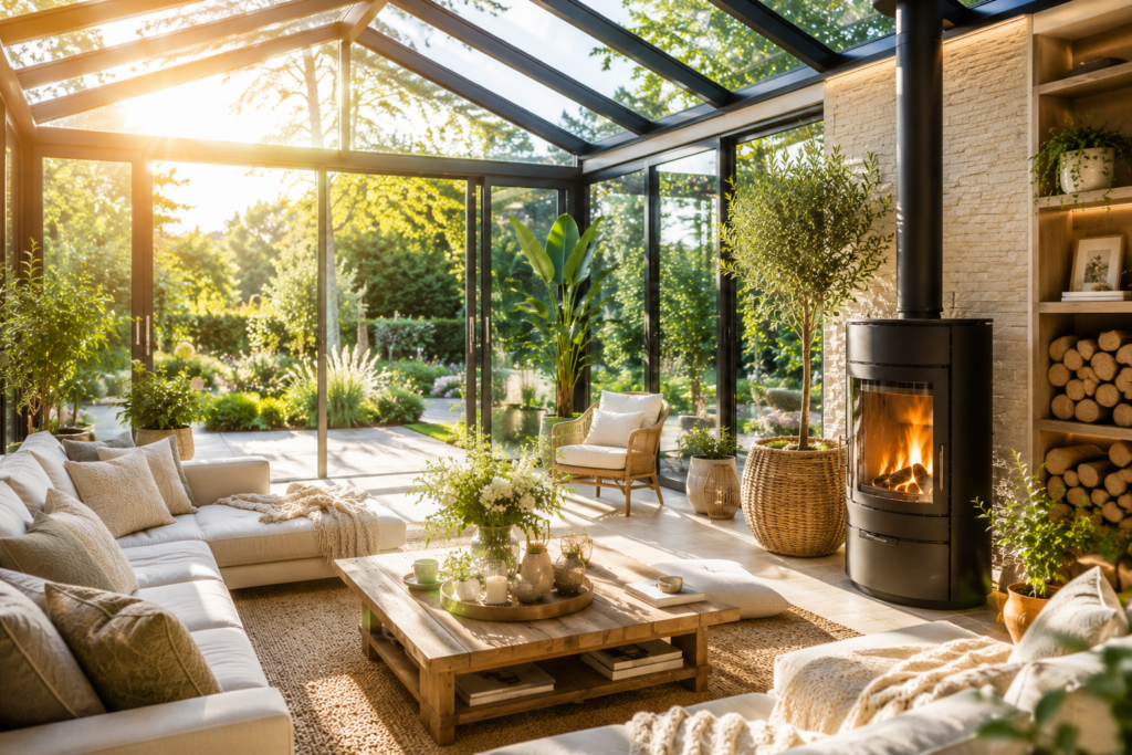 Moderner heller Wintergarten mit großen Glasflächen, Pflanzen, natürlichem Tageslicht und gemütlichem Lounge-Bereich mit Kaminofen