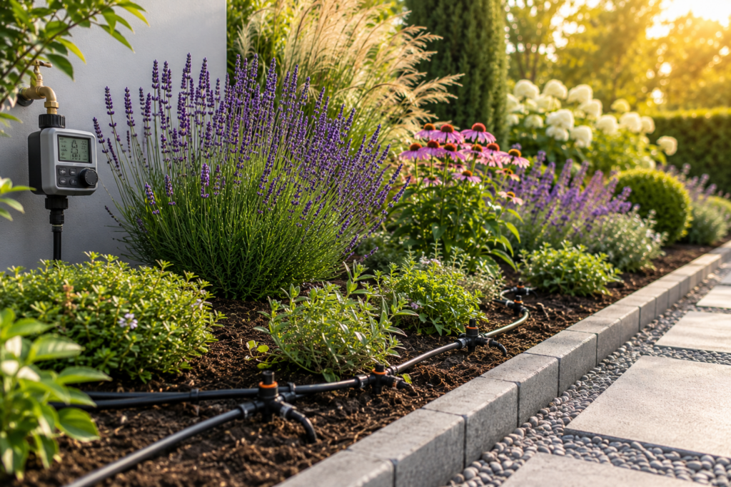 Modernes Gartenbeet mit automatischer Tropfbewässerung, smartem Bewässerungscomputer und blühenden Stauden an einem sonnigen Tag.