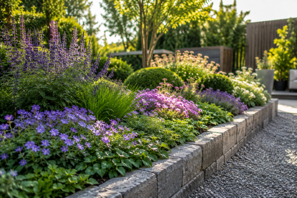 Modernes pflegeleichtes Gartenbeet mit blühenden Bodendeckern, Stauden und Natursteinmauer in ruhiger Gartenatmosphäre.