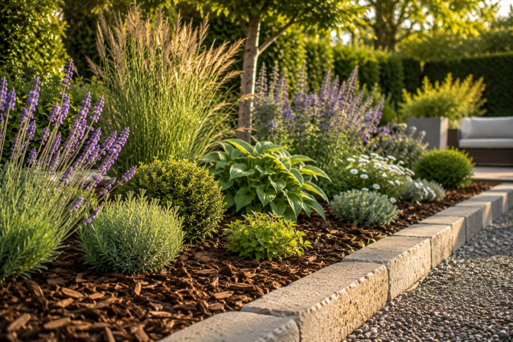 Pflegeleichtes Gartenbeet mit Rindenmulch, blühenden Stauden und moderner Naturstein-Einfassung im warmen Abendlicht.