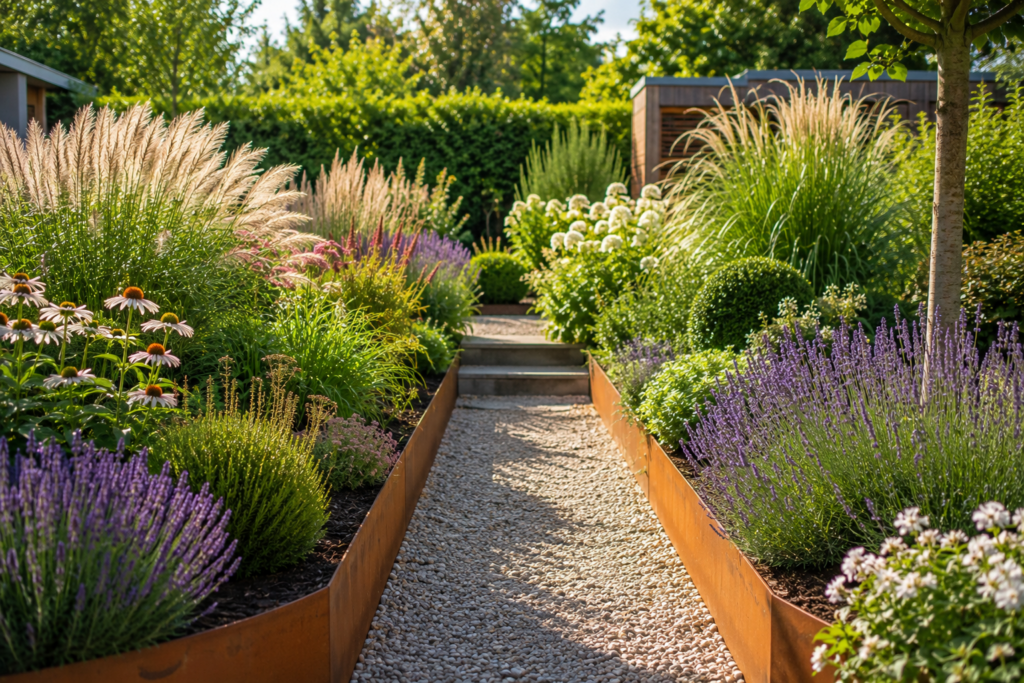 Moderner Gartenweg mit Cortenstahl-Einfassung, blühenden Stauden und pflegeleichten Gräsern an einem sonnigen Tag.