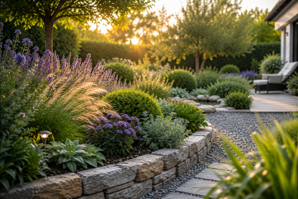 Harmonisches Gartenbeet mit Lavendel, Ziergräsern und Natursteinmauer für einen pflegeleichten Wohlfühlgarten.