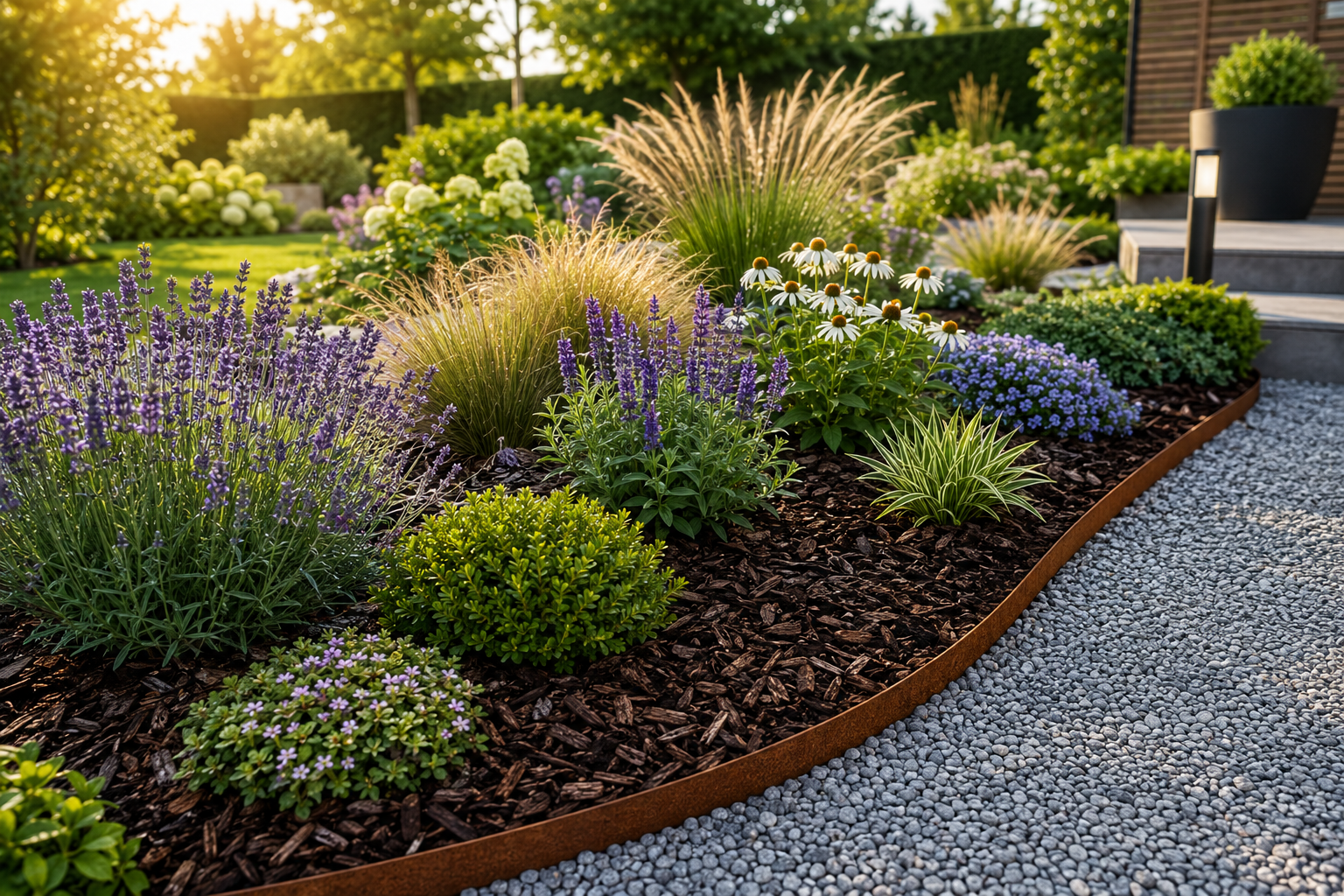Pflegeleichtes Gartenbeet mit Lavendel, Ziergräsern, Stauden, Mulchschicht und Beetkante in einem modernen, pflegeleichten Garten.