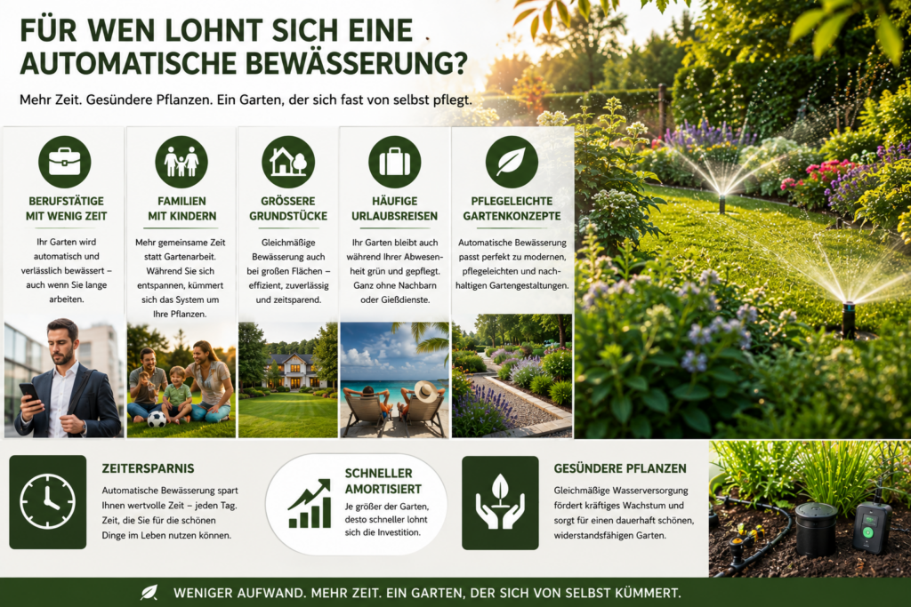 Automatische Bewässerung in einem modernen Familiengarten mit gesunden Pflanzen, großer Rasenfläche und komfortabler Gartenpflege für Berufstätige und Familien.