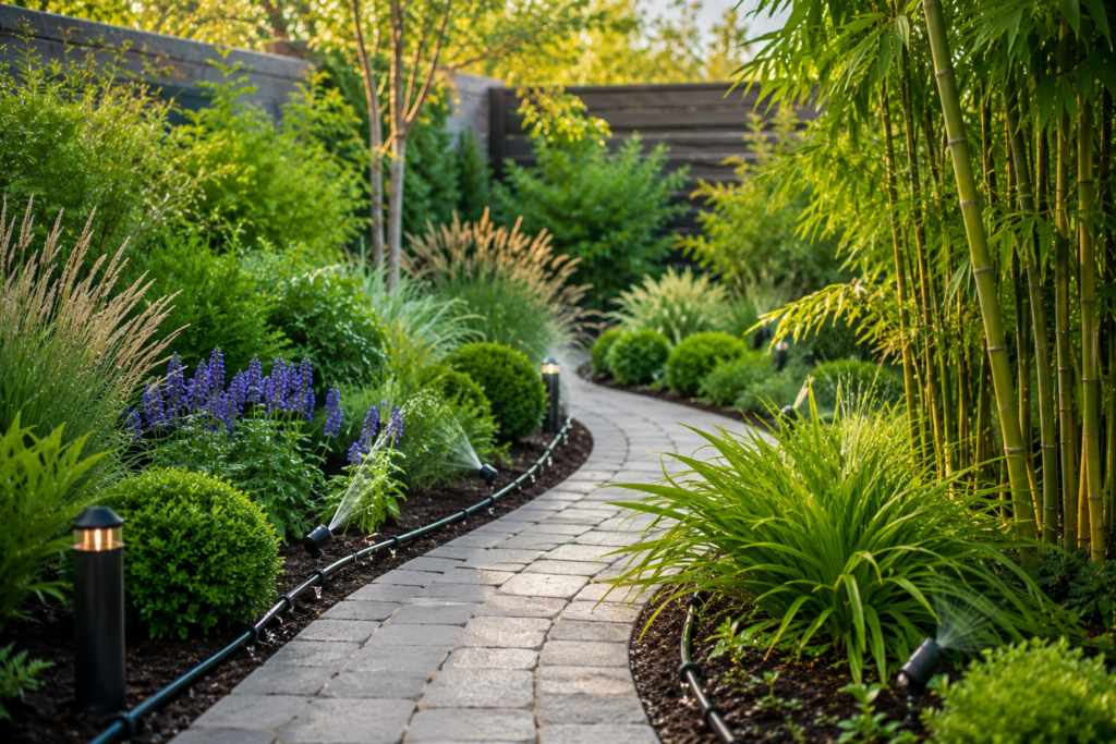 Automatische Bewässerung in einem pflegeleichten Garten mit gesundem Bambus, Ziergräsern, blühenden Pflanzenbeeten und modernem Gartenweg.