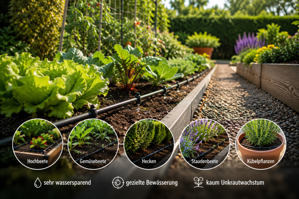 Tropfbewässerung in einem modernen Hochbeet mit gesundem Gemüse, Stauden und Kübelpflanzen. Das Wasser wird gezielt an die Pflanzenwurzeln abgegeben und spart Wasser im Garten.