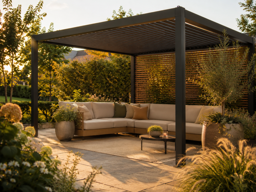 Moderne Pergola im Garten als Outdoor-Lounge mit gemütlichen Möbeln und hochwertiger Gartengestaltung.