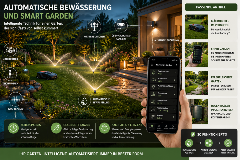 Smart Garden mit automatischer Bewässerung, Mähroboter, Außenbeleuchtung und App-Steuerung in einem modernen, pflegeleichten Garten.