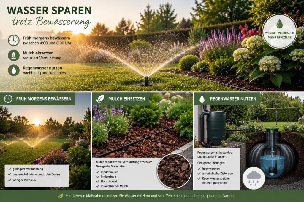 Wassersparende Gartenbewässerung mit automatischen Regnern, Mulchbeeten und Regenwassernutzung in einem modernen, pflegeleichten Garten.