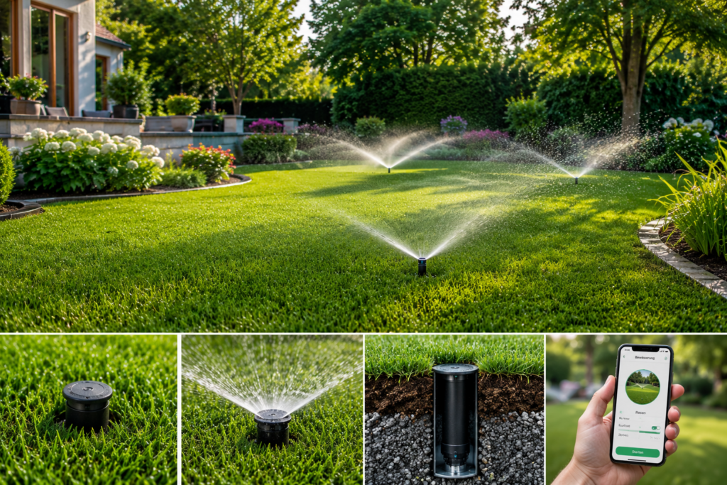 Versenkregner bewässern eine große Rasenfläche in einem modernen Familiengarten. Das automatische Bewässerungssystem sorgt für eine gleichmäßige Wasserverteilung und bleibt im Alltag unsichtbar.
