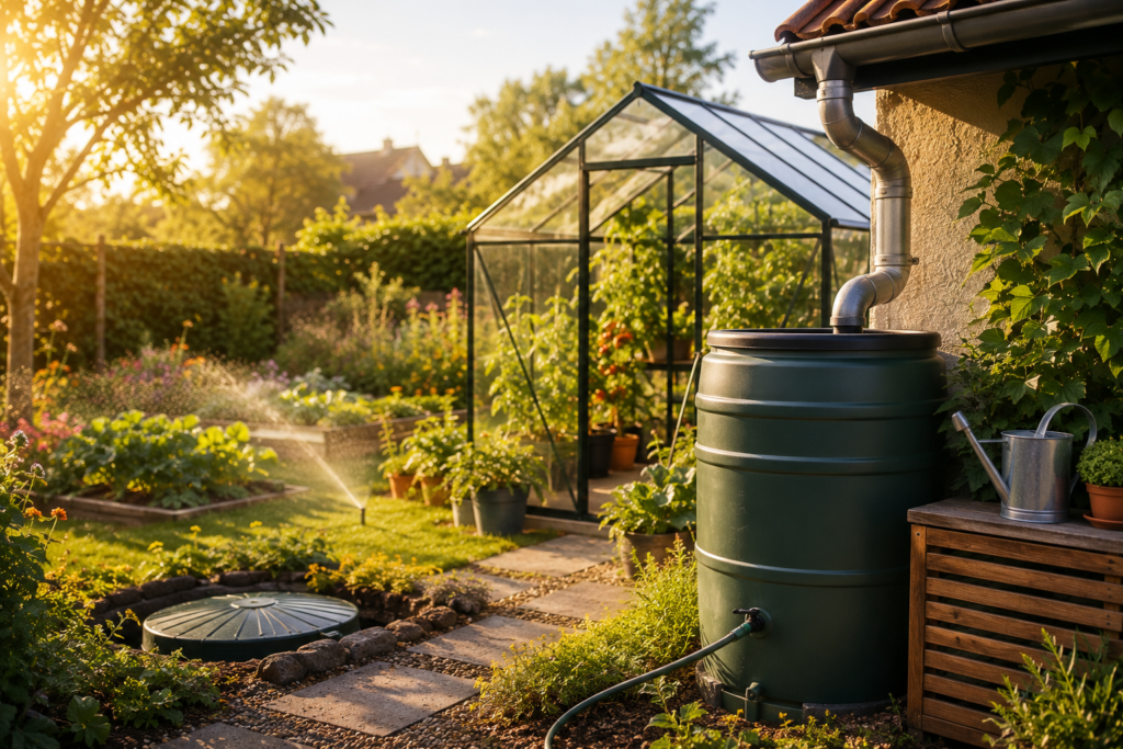 Smart Garden mit Regentonne, automatischer Bewässerung und Gewächshaus zur nachhaltigen Nutzung von Regenwasser im modernen Garten.