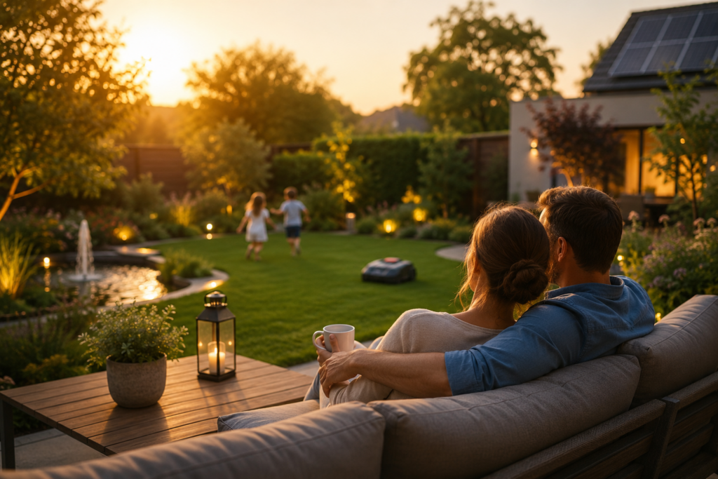 Familie genießt einen Smart Garden mit automatisierter Gartenpflege, Mähroboter und intelligenter Technik für mehr Zeit, Ruhe und Lebensqualität.