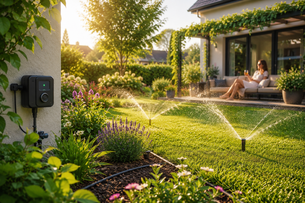 Smart Garden mit automatischer Bewässerung, intelligenten Rasensprengern und smarter Steuerung für einen dauerhaft gepflegten und wassersparenden Garten.