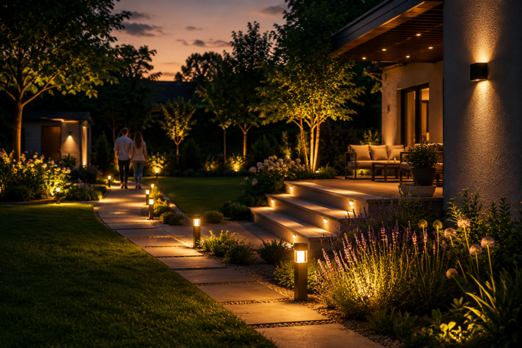 Smart Garden mit intelligenter LED-Gartenbeleuchtung, beleuchteten Wegen und automatischer Lichtsteuerung für mehr Sicherheit und Atmosphäre am Abend.
