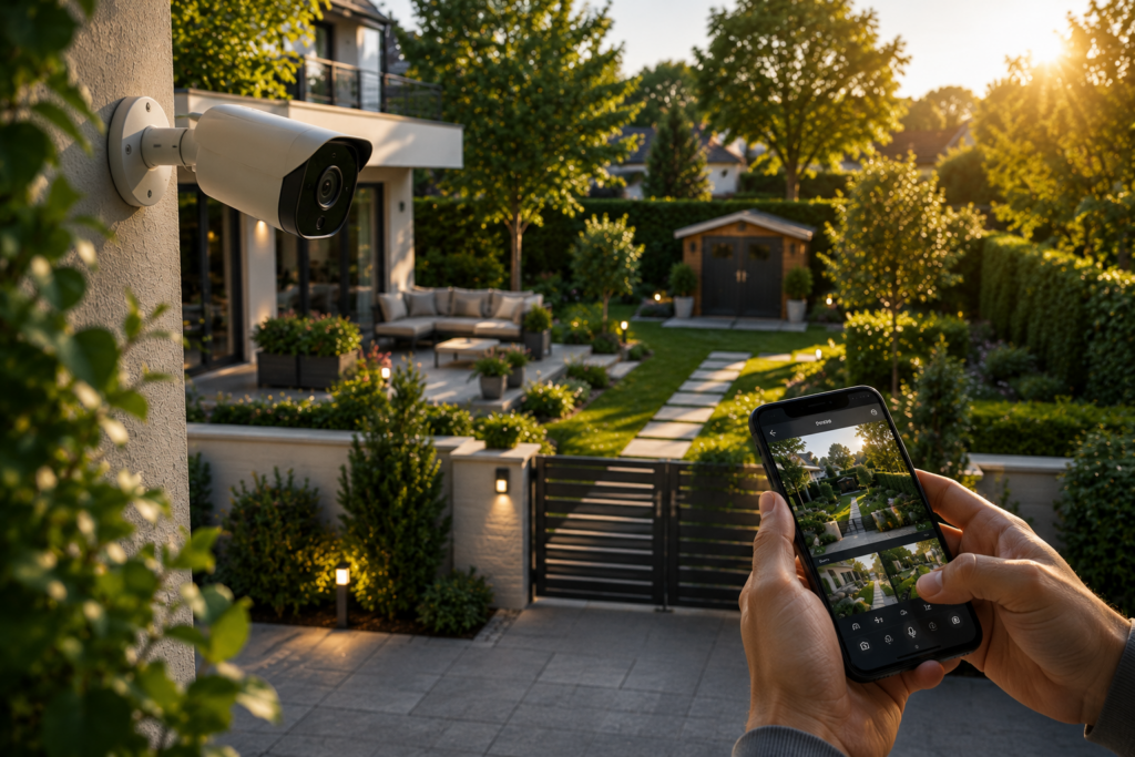 Smart Garden mit Überwachungskamera und Smartphone-Steuerung für mehr Sicherheit, Komfort und automatisierte Gartenüberwachung im modernen Familiengarten.