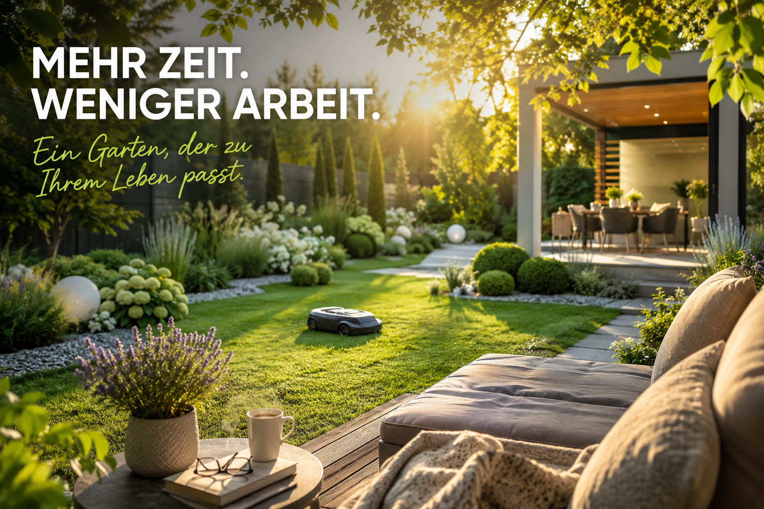 Pflegeleichter Garten mit Mähroboter und ruhigem Sitzbereich