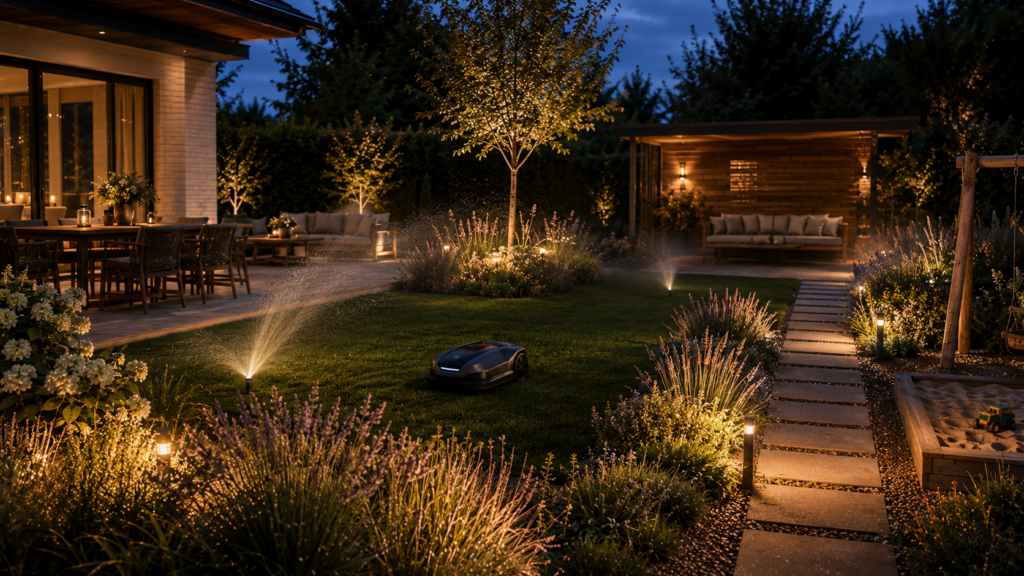 Pflegeleichter Familiengarten mit Smart Garden, Mähroboter und automatischer Bewässerung.