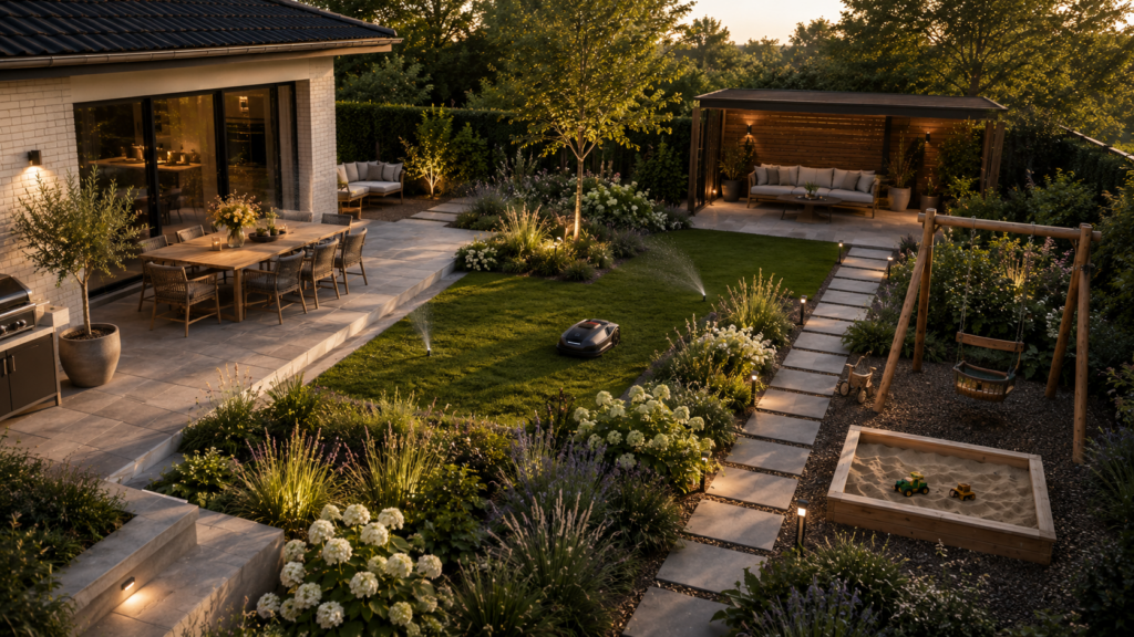 Moderner Familiengarten mit Terrasse, Spielbereich, Gartenweg, Outdoor-Lounge, Mähroboter und automatischer Bewässerung