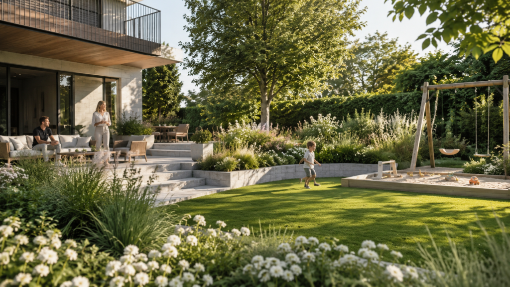 Moderner Familiengarten mit Terrasse, Spielbereich und pflegeleichter Gartengestaltung.