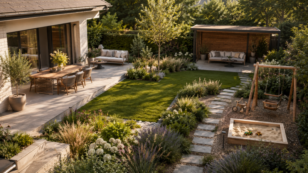 Familiengarten mit klaren Gartenzonen für Spielbereich, Terrasse, Lounge und Wege.