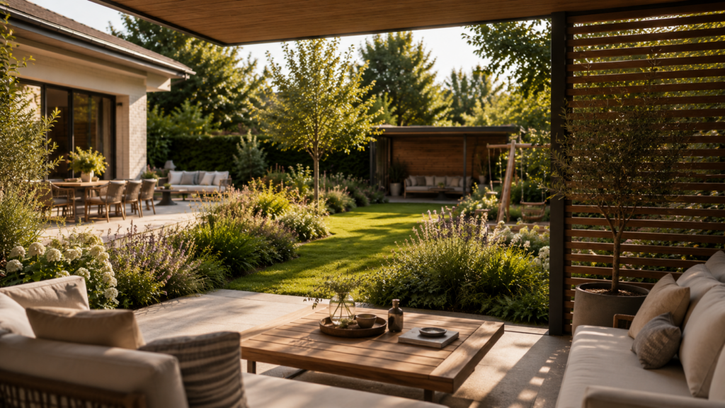 Outdoor-Lounge im Familiengarten als ruhiger Sitzplatz für Eltern.