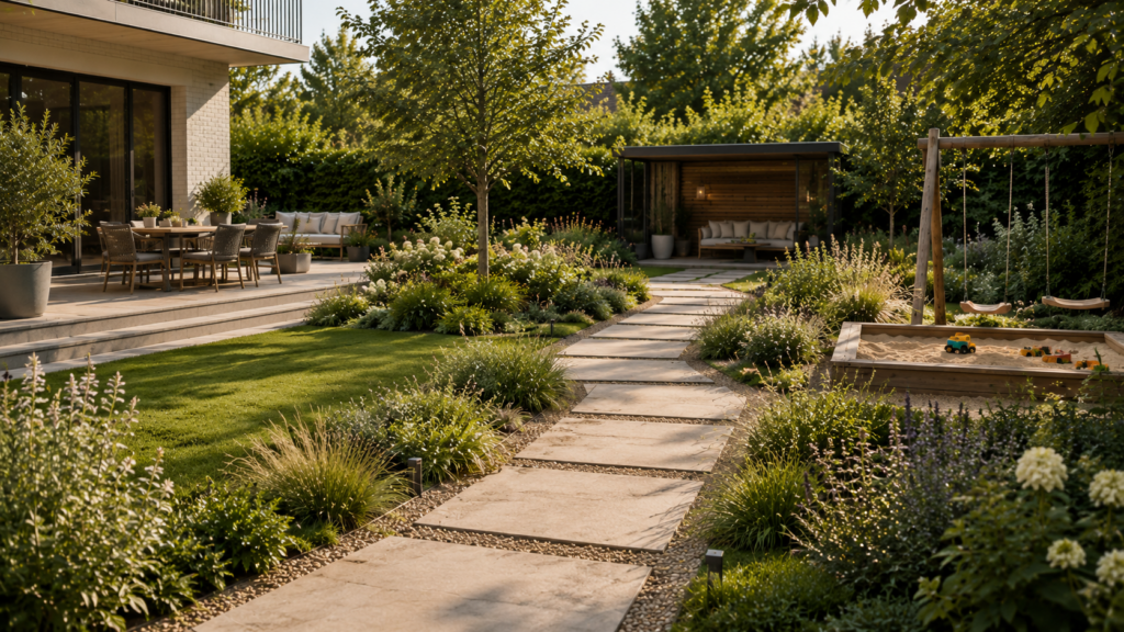 Gartenweg verbindet Terrasse, Spielbereich und Lounge in einem Familiengarten.