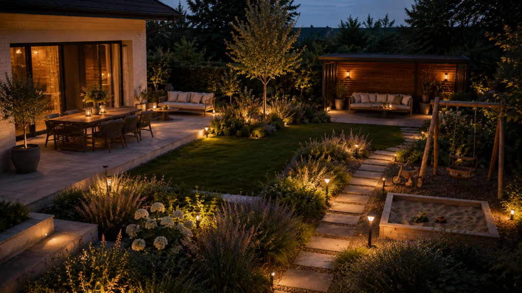 Sicher beleuchteter Familiengarten mit Gartenwegen, Sitzplatz und Spielbereich.