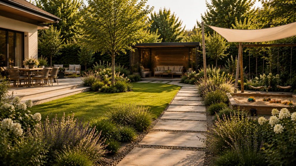 Familiengarten gestalten mit Pergola, Sonnensegel und geschütztem Sitzbereich.