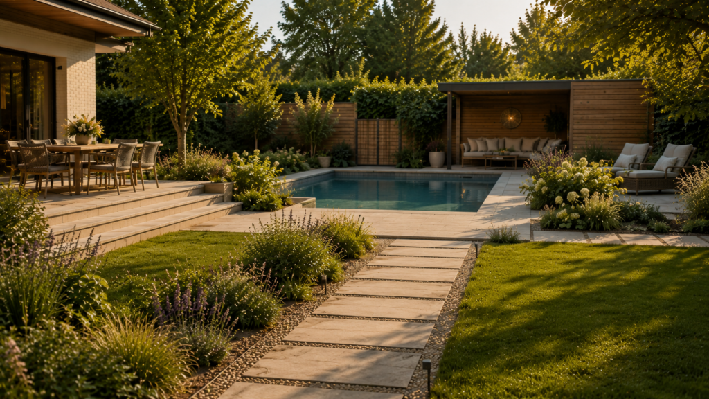 Familiengarten mit sicher integriertem Poolbereich und moderner Gartengestaltung.
