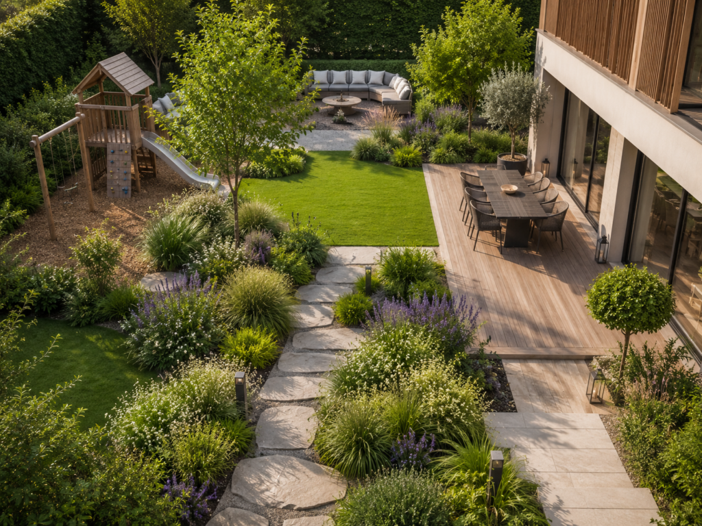 Garten mit klaren Zonen für Terrasse, Rasen, Spielbereich und Lounge