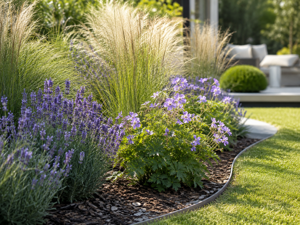 Pflegeleichtes Gartenbeet mit Gräsern, Lavendel und Mulch