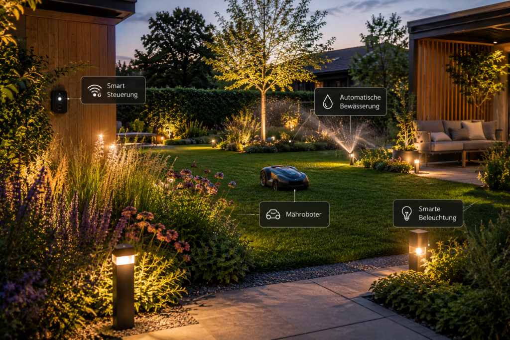 Smart Garden mit Mähroboter, automatischer Bewässerung und Gartenbeleuchtung