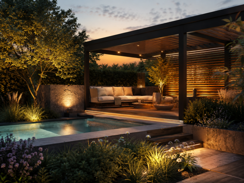 Wellnessgarten mit Pergola, Pool und geschützter Outdoor-Lounge