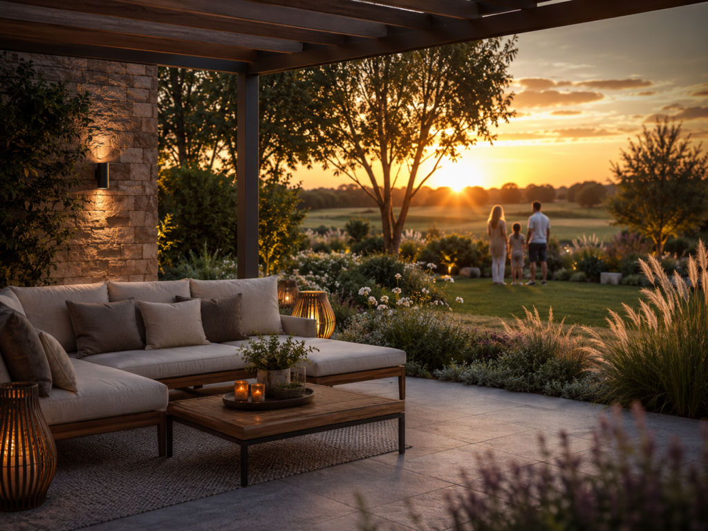 Garten bei Sonnenuntergang als Ort für Familie, Ruhe und Zeitwohlstand