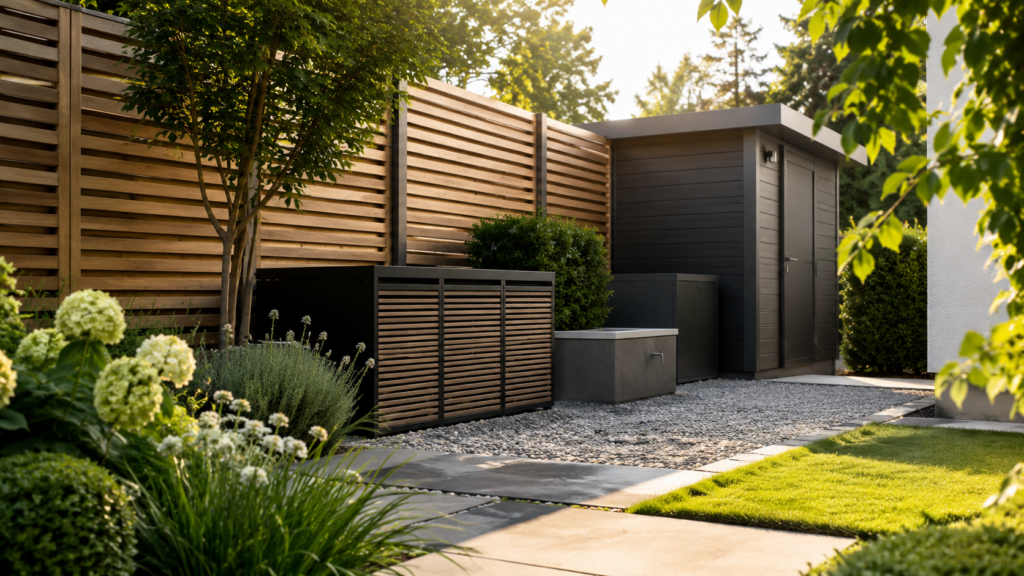 Funktionszone im Garten mit Gerätehaus, Sichtschutz und Stauraum sinnvoll planen