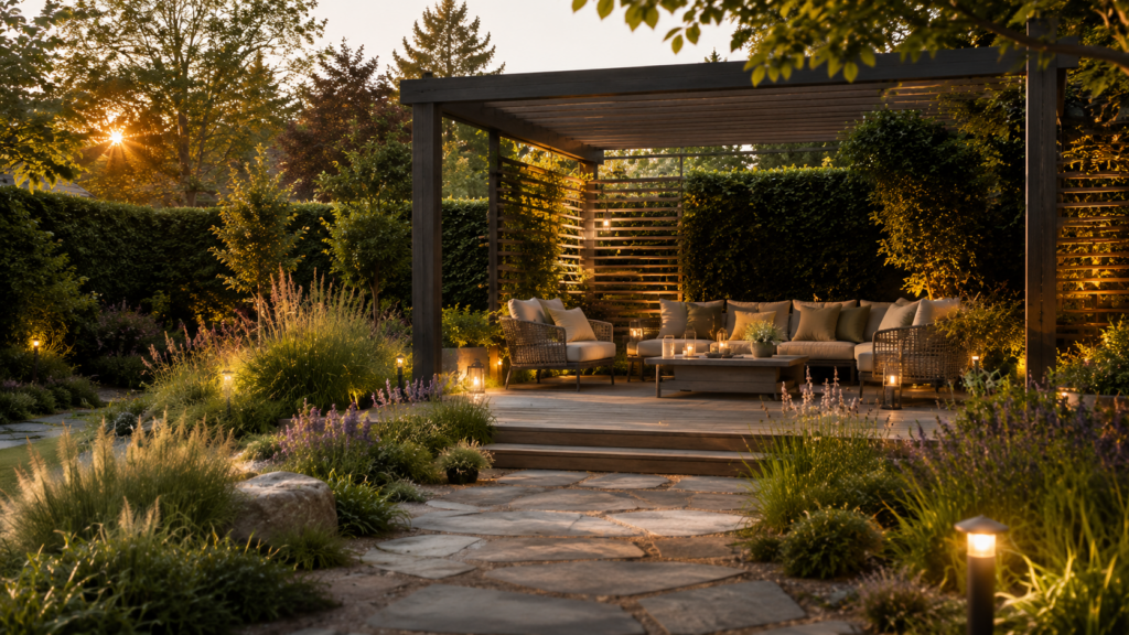 Ruhezone mit Pergola, Sichtschutz und Lounge als entspannte Gartenzone planen