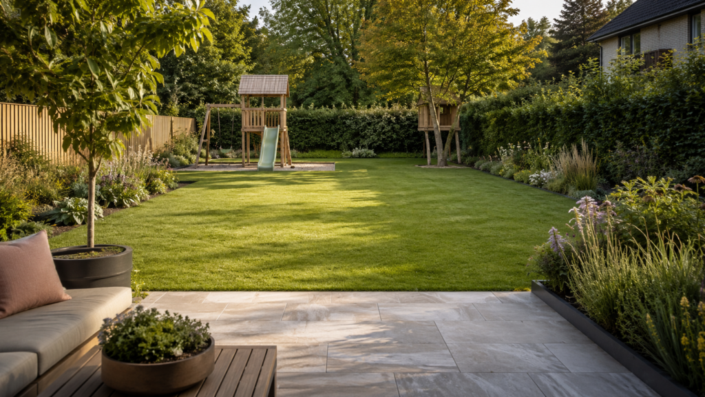 Familienfreundliche Gartenzone mit Rasenfläche, Spielbereich und pflegeleichten Beeten planen